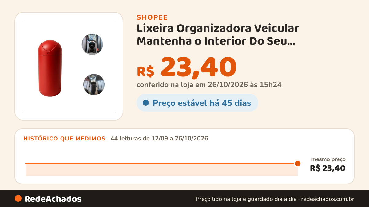Histórico de preço de Lixeira Organizadora Veicular Mantenha o Interior Do Seu Automóvel Impecável Com Estilo e… na Shopee: 44 leituras de 12/09/2026 a 26/10/2026, mesmo preço, R$ 23,40, em todas; R$ 23,40 conferido em 26/10/2026 às 15h24