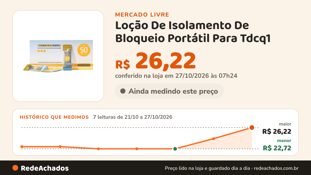Histórico de preço de Loção De Isolamento De Bloqueio Portátil Para Tdcq1 no Mercado Livre: 7 leituras de 21/10/2026 a 27/10/2026, menor R$ 22,72, maior R$ 26,22; R$ 26,22 conferido em 27/10/2026 às 02h54