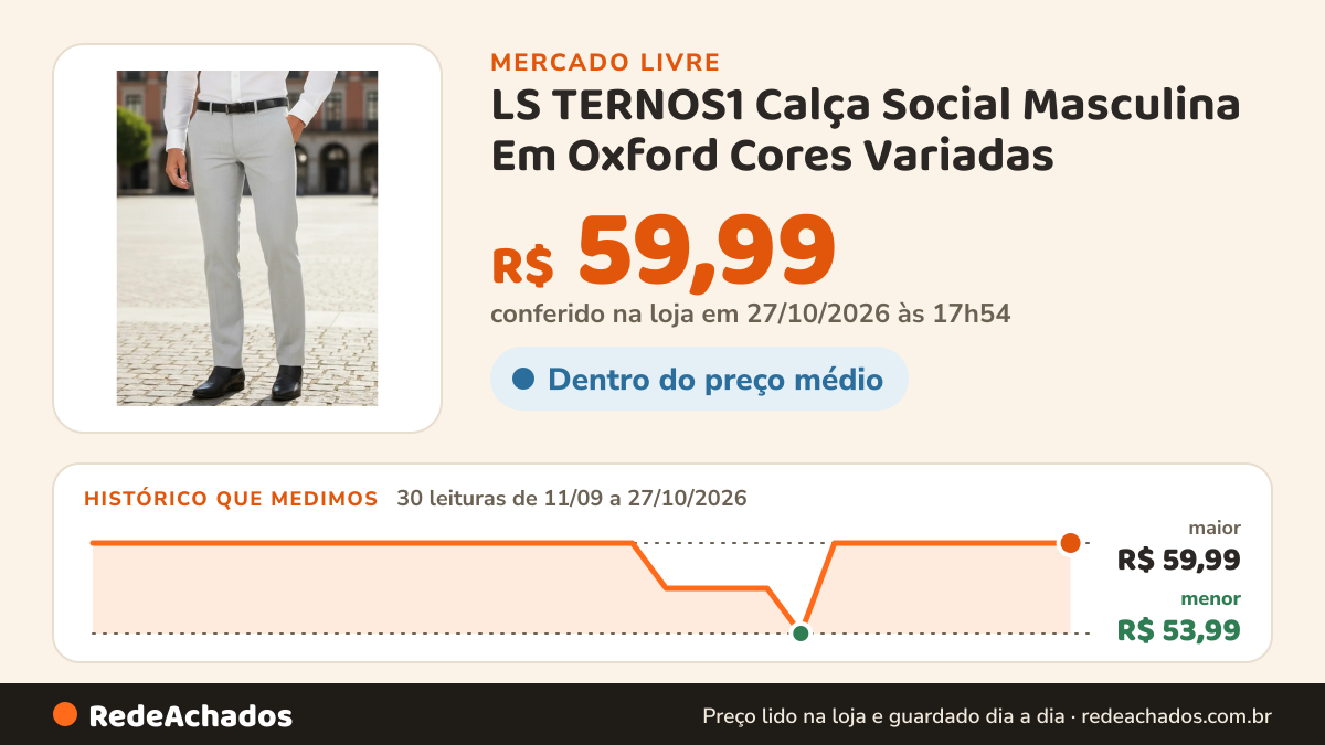 Histórico de preço de LS TERNOS1 Calça Social Masculina Em Oxford Cores Variadas - Preço no Mercado Livre: 30 leituras de 11/09/2026 a 27/10/2026, menor R$ 53,99, maior R$ 59,99; R$ 59,99 conferido em 26/10/2026 às 23h54