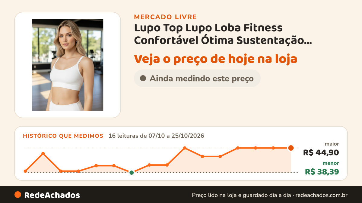 Histórico de preço de Lupo Top Lupo Loba Fitness Confortável Ótima Sustentação Academia no Mercado Livre: 16 leituras de 07/10/2026 a 25/10/2026, menor R$ 38,39, maior R$ 44,90