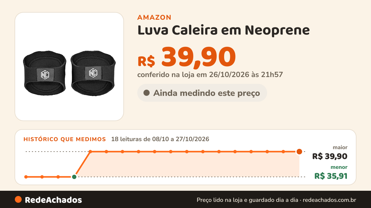 Histórico de preço de Luva Caleira em Neoprene - Preto - (Par) M na Amazon: 18 leituras de 08/10/2026 a 27/10/2026, menor R$ 35,91, maior R$ 39,90; R$ 39,90 conferido em 26/10/2026 às 21h57