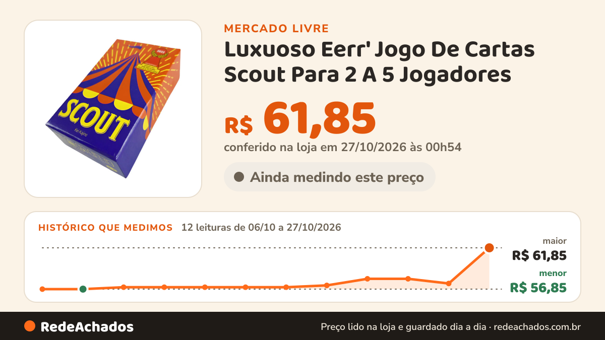 Histórico de preço de Luxuoso Eerr' Jogo De Cartas Scout Para 2 A 5 Jogadores - // 3601202689757 no Mercado Livre: 12 leituras de 06/10/2026 a 27/10/2026, menor R$ 56,85, maior R$ 61,85; R$ 61,85 conferido em 27/10/2026 às 00h54
