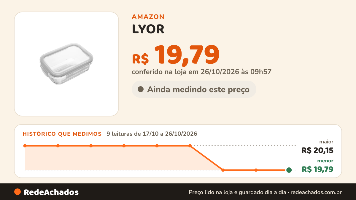 Histórico de preço de LYOR - Pote Hermético de Vidro com Tampa 370ml - Organização de Alimentos - Porta… na Amazon: 9 leituras de 17/10/2026 a 26/10/2026, menor R$ 19,79, maior R$ 20,15; R$ 19,79 conferido em 26/10/2026 às 09h57