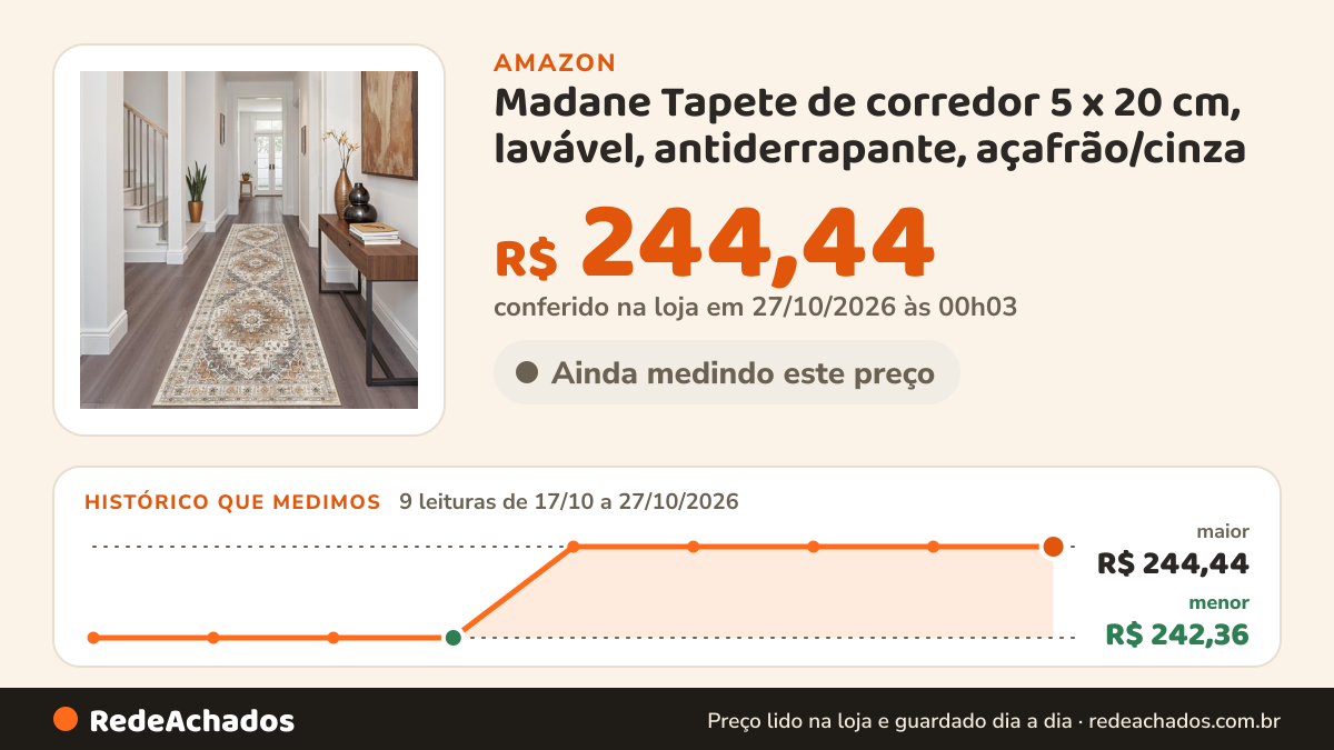 Histórico de preço de Madane Tapete de corredor 5 x 20 cm, lavável, antiderrapante, açafrão/cinza | Tapete… na Amazon: 9 leituras de 17/10/2026 a 27/10/2026, menor R$ 242,36, maior R$ 244,44; R$ 244,44 conferido em 27/10/2026 às 00h03