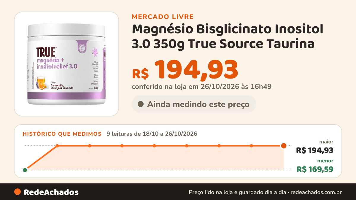 Histórico de preço de Magnésio Bisglicinato Inositol 3.0 350g True Source Taurina no Mercado Livre: 9 leituras de 18/10/2026 a 26/10/2026, menor R$ 169,59, maior R$ 194,93; R$ 194,93 conferido em 26/10/2026 às 16h49