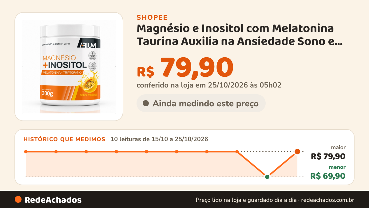 Histórico de preço de Magnésio e Inositol com Melatonina Taurina Auxilia na Ansiedade Sono e Saúde Muscular… na Shopee: 10 leituras de 15/10/2026 a 25/10/2026, menor R$ 69,90, maior R$ 79,90; R$ 79,90 conferido em 25/10/2026 às 05h02