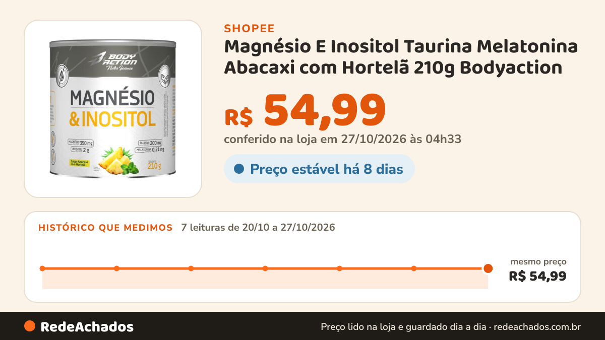Histórico de preço de Magnésio E Inositol Taurina Melatonina Abacaxi com Hortelã 210g Bodyaction na Shopee: 7 leituras de 20/10/2026 a 27/10/2026, mesmo preço, R$ 54,99, em todas; R$ 54,99 conferido em 27/10/2026 às 04h33