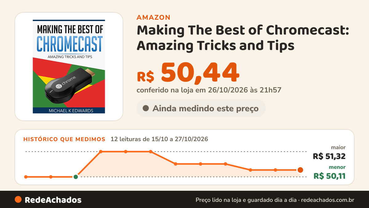Histórico de preço de Making The Best of Chromecast: Amazing Tricks and Tips na Amazon: 12 leituras de 15/10/2026 a 27/10/2026, menor R$ 50,11, maior R$ 51,32; R$ 50,44 conferido em 26/10/2026 às 21h57