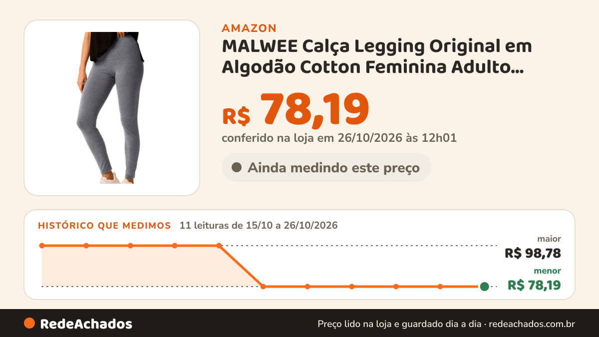 Histórico de preço de MALWEE Calça Legging Original em Algodão Cotton Feminina Adulto Casual Fitness | Cinza… na Amazon: 11 leituras de 15/10/2026 a 26/10/2026, menor R$ 78,19, maior R$ 98,78; R$ 78,19 conferido em 26/10/2026 às 12h01