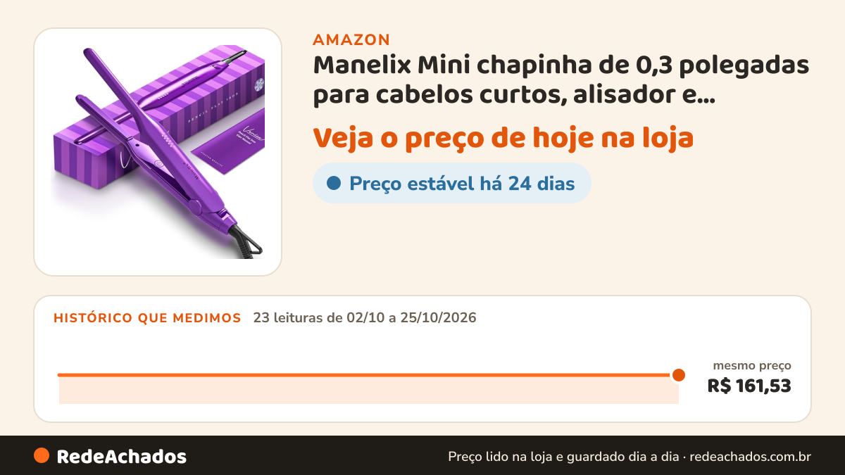 Histórico de preço de Manelix Mini chapinha de 0,3 polegadas para cabelos curtos, alisador e modelador de cabelo… na Amazon: 23 leituras de 02/10/2026 a 25/10/2026, mesmo preço, R$ 161,53, em todas
