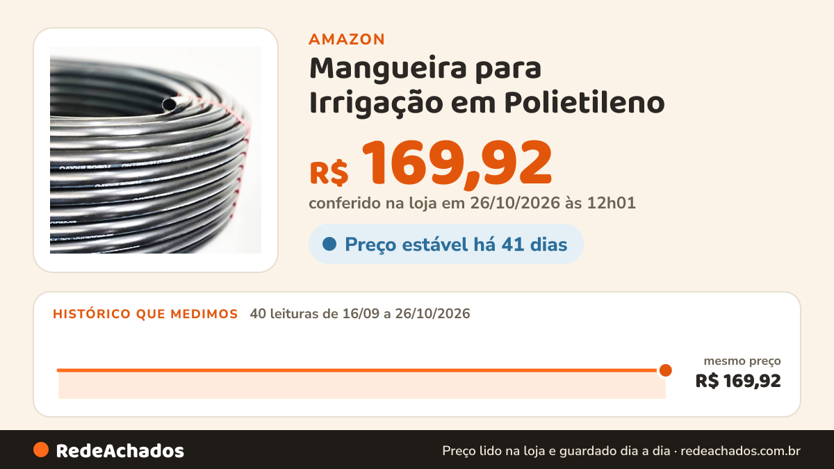 Histórico de preço de Mangueira para Irrigação em Polietileno - PEBD - Tubos Bravo 1/2" x 1,50 de parede x 100… na Amazon: 40 leituras de 16/09/2026 a 26/10/2026, mesmo preço, R$ 169,92, em todas; R$ 169,92 conferido em 26/10/2026 às 12h01