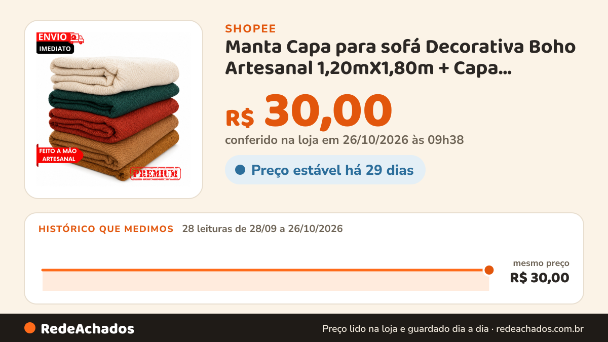 Histórico de preço de Manta Capa para sofá Decorativa Boho Artesanal 1,20mX1,80m + Capa Almofada Luxo Ideal Pra… na Shopee: 28 leituras de 28/09/2026 a 26/10/2026, mesmo preço, R$ 30,00, em todas; R$ 30,00 conferido em 26/10/2026 às 09h38