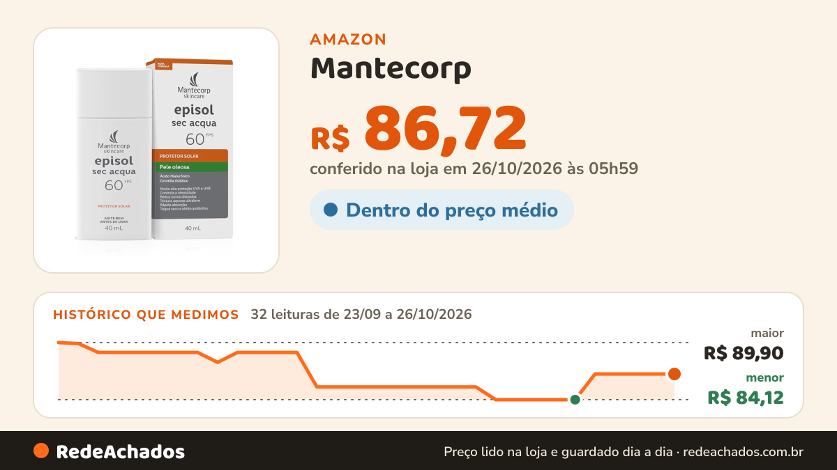 Histórico de preço de Mantecorp - Protetor Solar Episol Sec Acqua FPS 60 - Base Aquosa Ultraleve - Proteção e… na Amazon: 32 leituras de 23/09/2026 a 26/10/2026, menor R$ 84,12, maior R$ 89,90; R$ 86,72 conferido em 26/10/2026 às 05h59