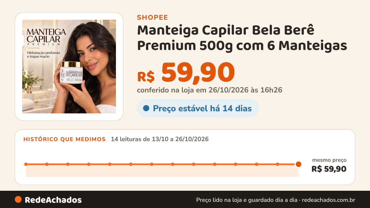 Histórico de preço de Manteiga Capilar Bela Berê Premium 500g com 6 Manteigas | Máscara Hidratante Desmaia Fios… na Shopee: 14 leituras de 13/10/2026 a 26/10/2026, mesmo preço, R$ 59,90, em todas; R$ 59,90 conferido em 26/10/2026 às 16h26