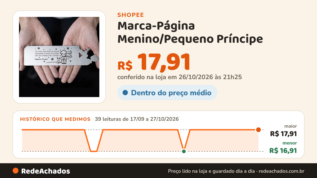 Histórico de preço de Marca-Página Menino/Pequeno Príncipe - Leve a Mensagem Mais Bela do Mundo para Seus… na Shopee: 39 leituras de 17/09/2026 a 27/10/2026, menor R$ 16,91, maior R$ 17,91; R$ 17,91 conferido em 26/10/2026 às 21h25