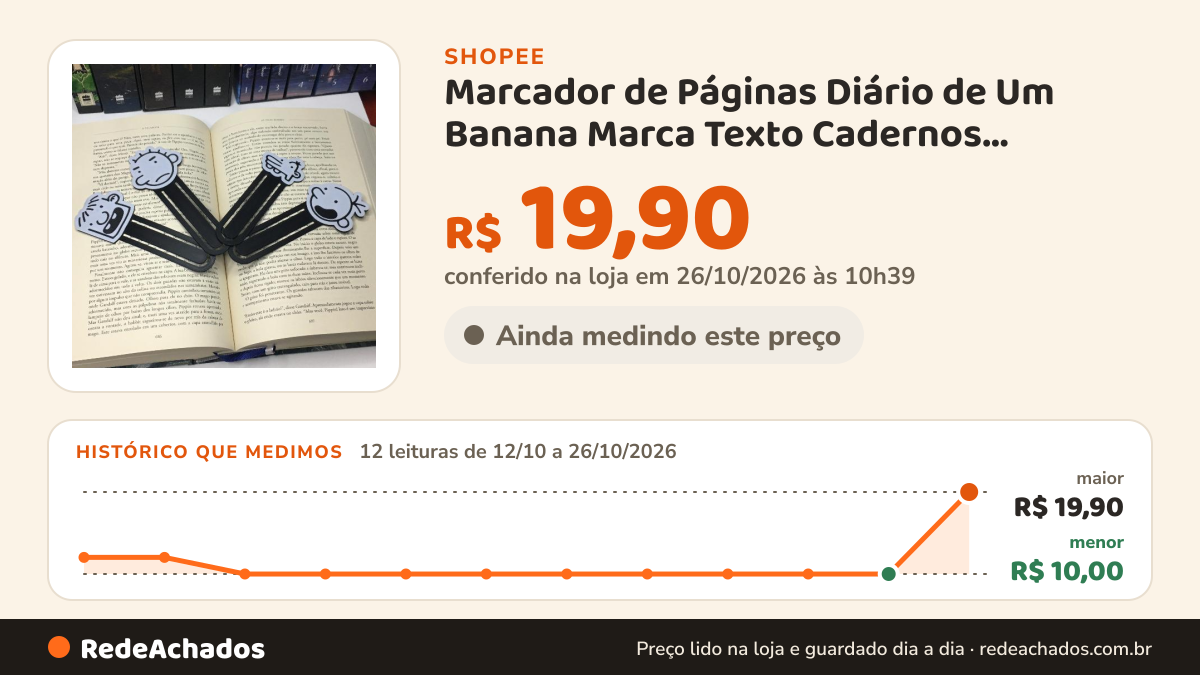 Histórico de preço de Marcador de Páginas Diário de Um Banana Marca Texto Cadernos Revistas Jeff Kinney Greg… na Shopee: 12 leituras de 12/10/2026 a 26/10/2026, menor R$ 10,00, maior R$ 19,90; R$ 19,90 conferido em 26/10/2026 às 10h39