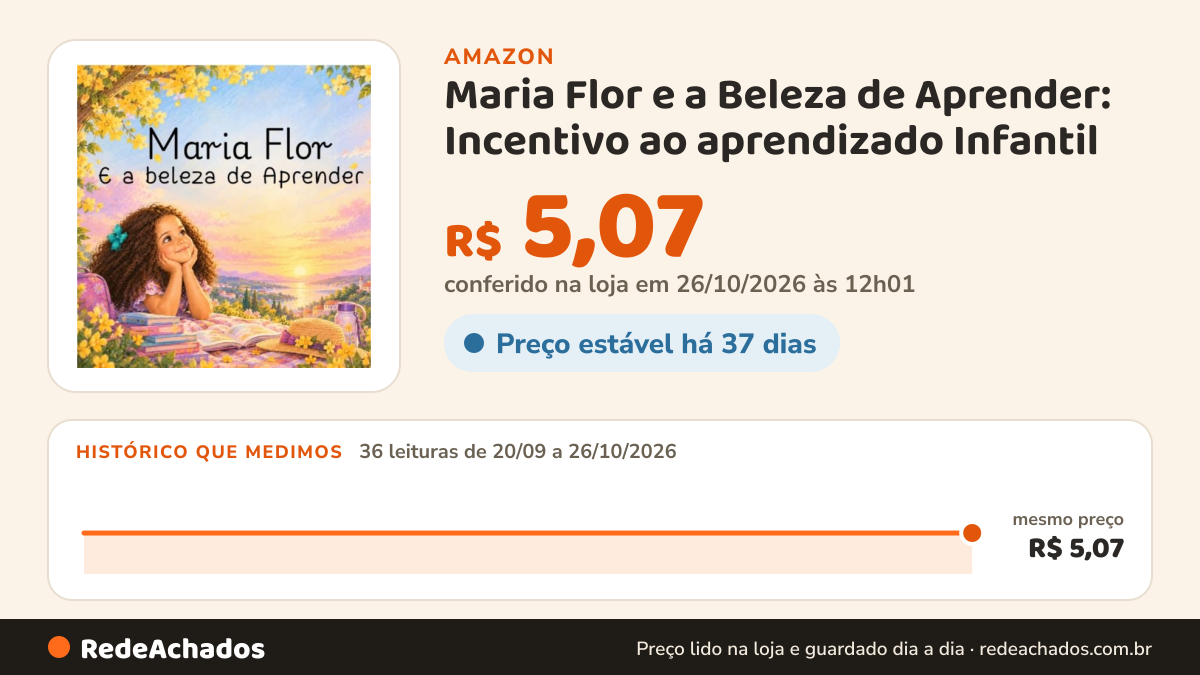 Histórico de preço de Maria Flor e a Beleza de Aprender: Incentivo ao aprendizado Infantil (Ipezinho Amarelo) na Amazon: 35 leituras de 20/09/2026 a 25/10/2026, mesmo preço, R$ 5,07, em todas; R$ 5,07 conferido em 25/10/2026 às 05h58