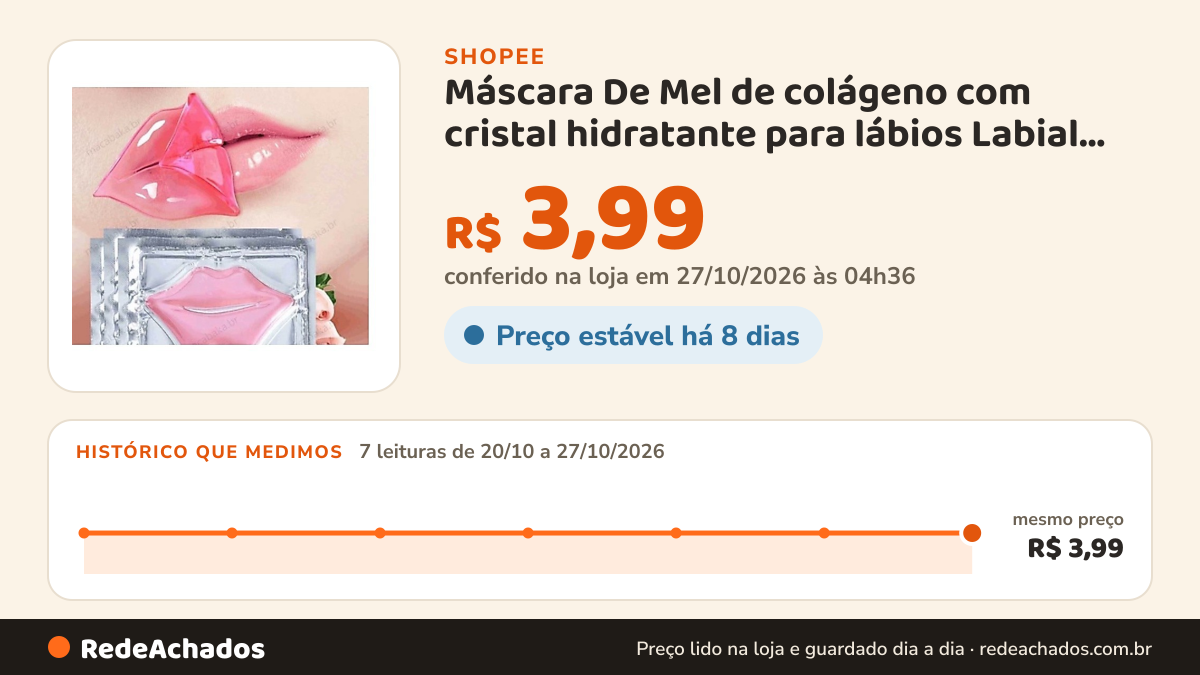 Histórico de preço de Máscara De Mel de colágeno com cristal hidratante para lábios Labial DADIVA na Shopee: 7 leituras de 20/10/2026 a 27/10/2026, mesmo preço, R$ 3,99, em todas; R$ 3,99 conferido em 27/10/2026 às 04h36