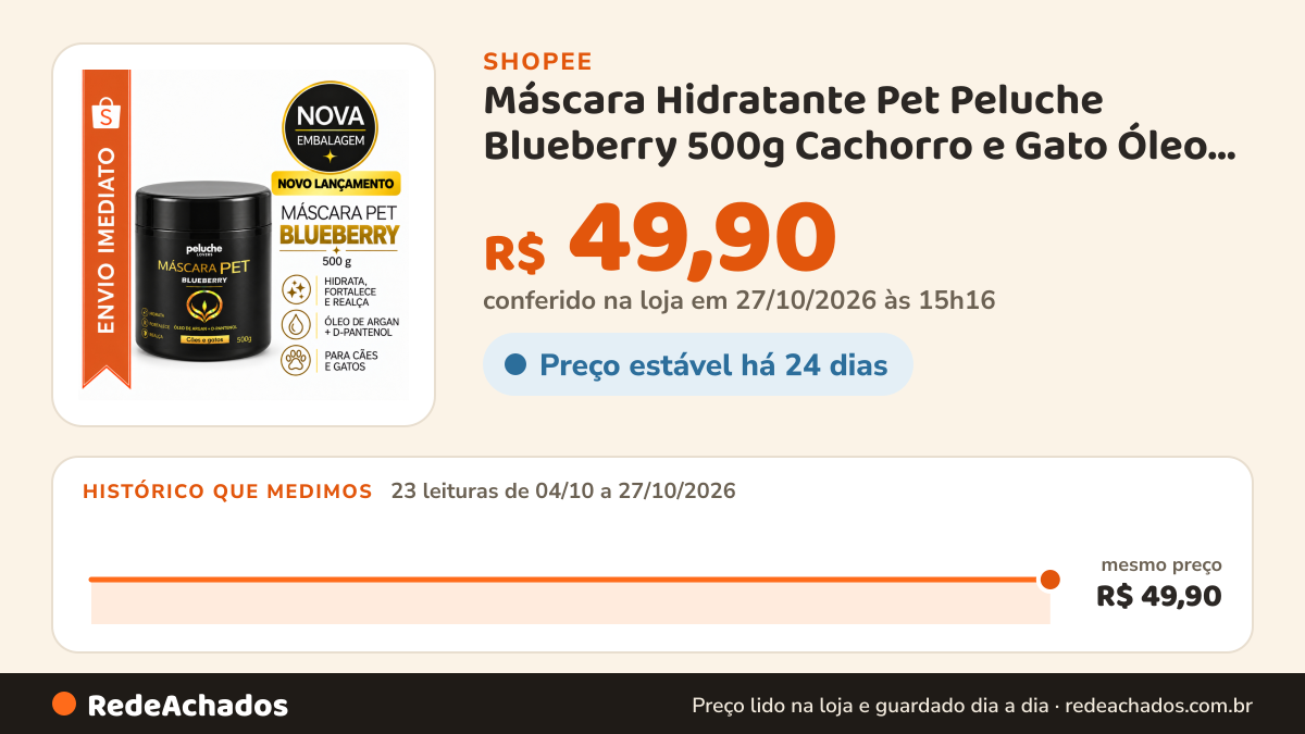 Histórico de preço de Máscara Hidratante Pet Peluche Blueberry 500g Cachorro e Gato Óleo de Argan + D-Pantenol na Shopee: 22 leituras de 04/10/2026 a 26/10/2026, mesmo preço, R$ 49,90, em todas; R$ 49,90 conferido em 26/10/2026 às 09h38