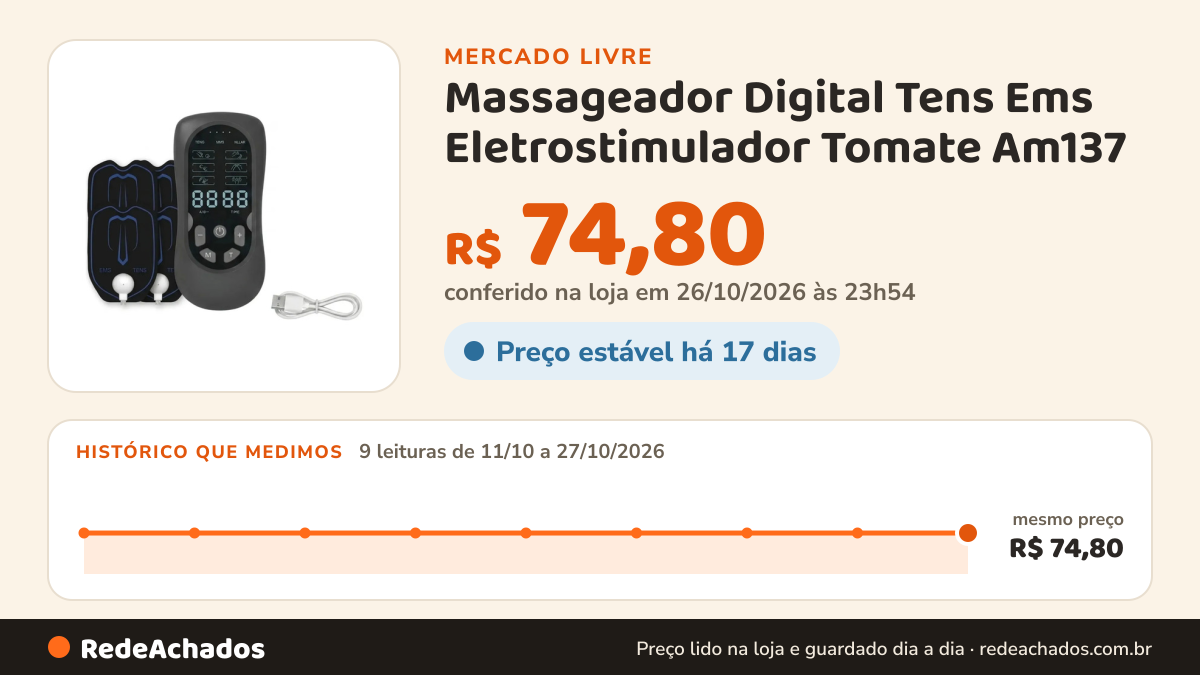 Histórico de preço de Massageador Digital Tens Ems Eletrostimulador Tomate Am137 no Mercado Livre: 9 leituras de 11/10/2026 a 27/10/2026, mesmo preço, R$ 74,80, em todas; R$ 74,80 conferido em 26/10/2026 às 23h54