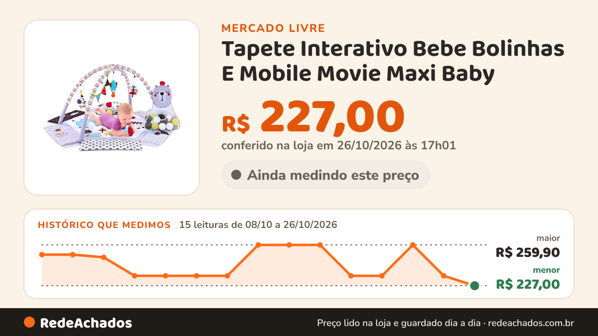Histórico de preço de Tapete Interativo Bebe Bolinhas E Mobile Movie Maxi Baby no Mercado Livre: 15 leituras de 08/10/2026 a 26/10/2026, menor R$ 227,00, maior R$ 259,90; R$ 227,00 conferido em 26/10/2026 às 17h01
