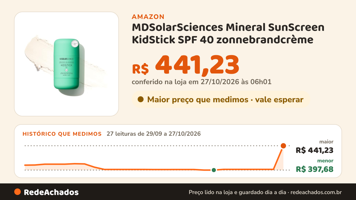 Histórico de preço de MDSolarSciences Mineral SunScreen KidStick SPF 40 zonnebrandcrème - Hypoallergene… na Amazon: 26 leituras de 29/09/2026 a 25/10/2026, menor R$ 397,68, maior R$ 409,12