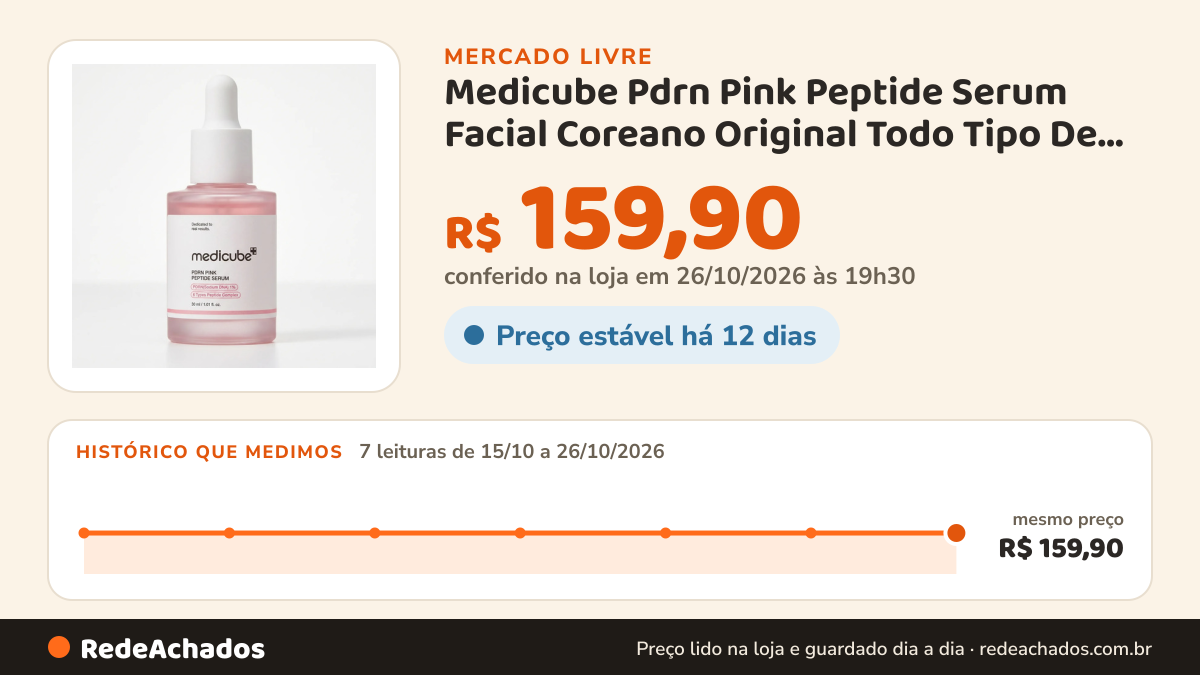 Histórico de preço de Medicube Pdrn Pink Peptide Serum Facial Coreano Original Todo Tipo De Pele Dia/noite no Mercado Livre: 7 leituras de 15/10/2026 a 26/10/2026, mesmo preço, R$ 159,90, em todas; R$ 159,90 conferido em 26/10/2026 às 19h30