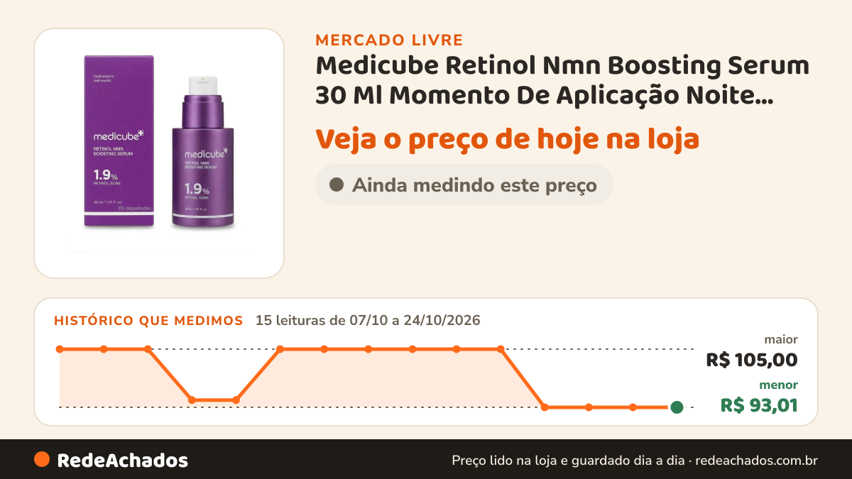Histórico de preço de Medicube Retinol Nmn Boosting Serum 30 Ml Momento De Aplicação Noite Tipo De Pele Todo… no Mercado Livre: 15 leituras de 07/10/2026 a 24/10/2026, menor R$ 93,01, maior R$ 105,00