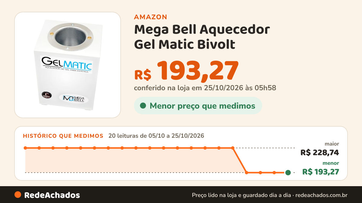 Histórico de preço de Mega Bell Aquecedor Gel Matic Bivolt na Amazon: 20 leituras de 05/10/2026 a 25/10/2026, menor R$ 193,27, maior R$ 228,74; R$ 193,27 conferido em 25/10/2026 às 05h58