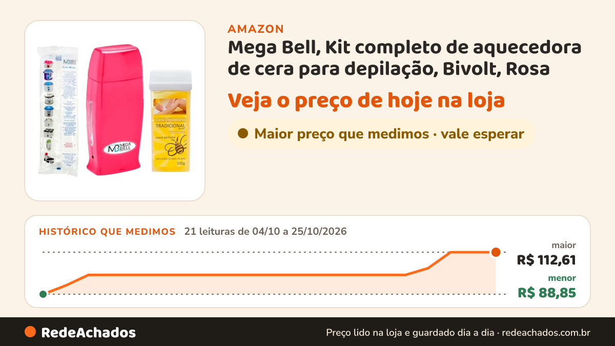 Histórico de preço de Mega Bell, Kit completo de aquecedora de cera para depilação, Bivolt, Rosa na Amazon: 21 leituras de 04/10/2026 a 25/10/2026, menor R$ 88,85, maior R$ 112,61