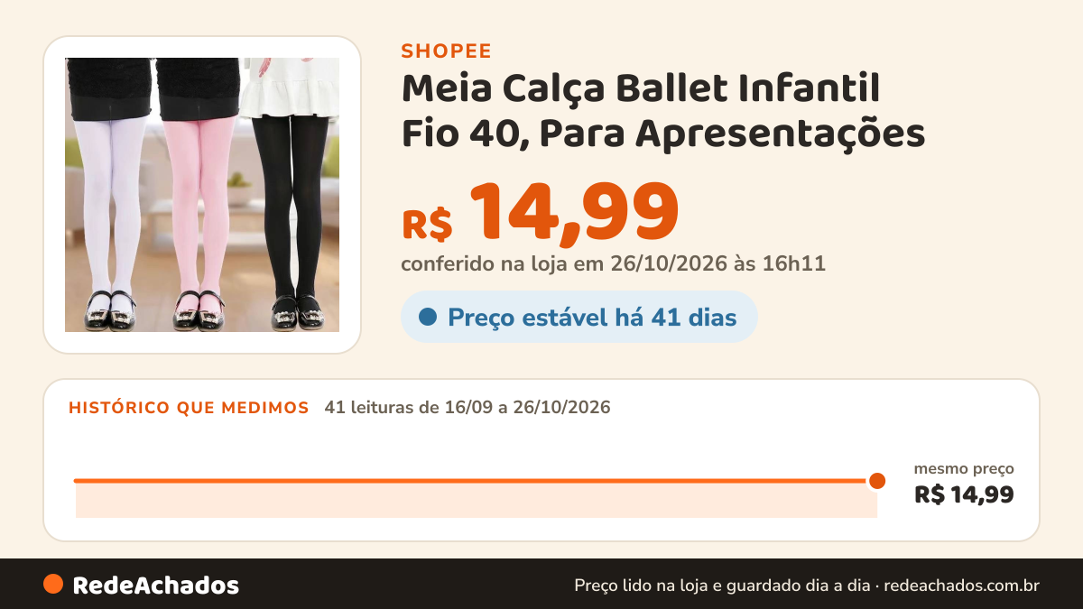 Histórico de preço de Meia Calça Ballet Infantil Fio 40, Para Apresentações | Entrega Rápida, Feminina, Vale a… na Shopee: 41 leituras de 16/09/2026 a 26/10/2026, mesmo preço, R$ 14,99, em todas; R$ 14,99 conferido em 26/10/2026 às 16h11