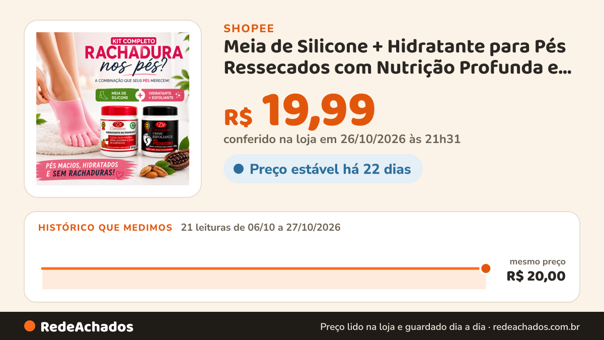 Histórico de preço de Meia de Silicone + Hidratante para Pés Ressecados com Nutrição Profunda e Pele Mais Macia. na Shopee: 21 leituras de 06/10/2026 a 27/10/2026, mesmo preço, R$ 20,00, em todas; R$ 19,99 conferido em 26/10/2026 às 21h31