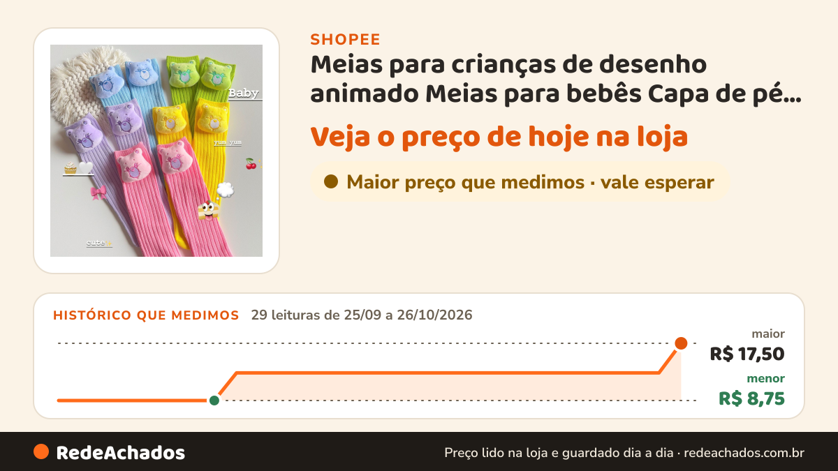 Histórico de preço de Meias para crianças de desenho animado Meias para bebês Capa de pé Meninos e Meninas… na Shopee: 29 leituras de 25/09/2026 a 26/10/2026, menor R$ 8,75, maior R$ 17,50