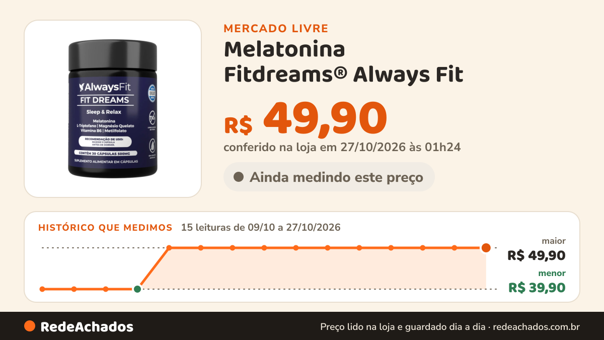 Histórico de preço de Melatonina Fitdreams® Always Fit - 30 Cápsulas Vegano Sem Sabor no Mercado Livre: 15 leituras de 09/10/2026 a 27/10/2026, menor R$ 39,90, maior R$ 49,90; R$ 49,90 conferido em 27/10/2026 às 01h24