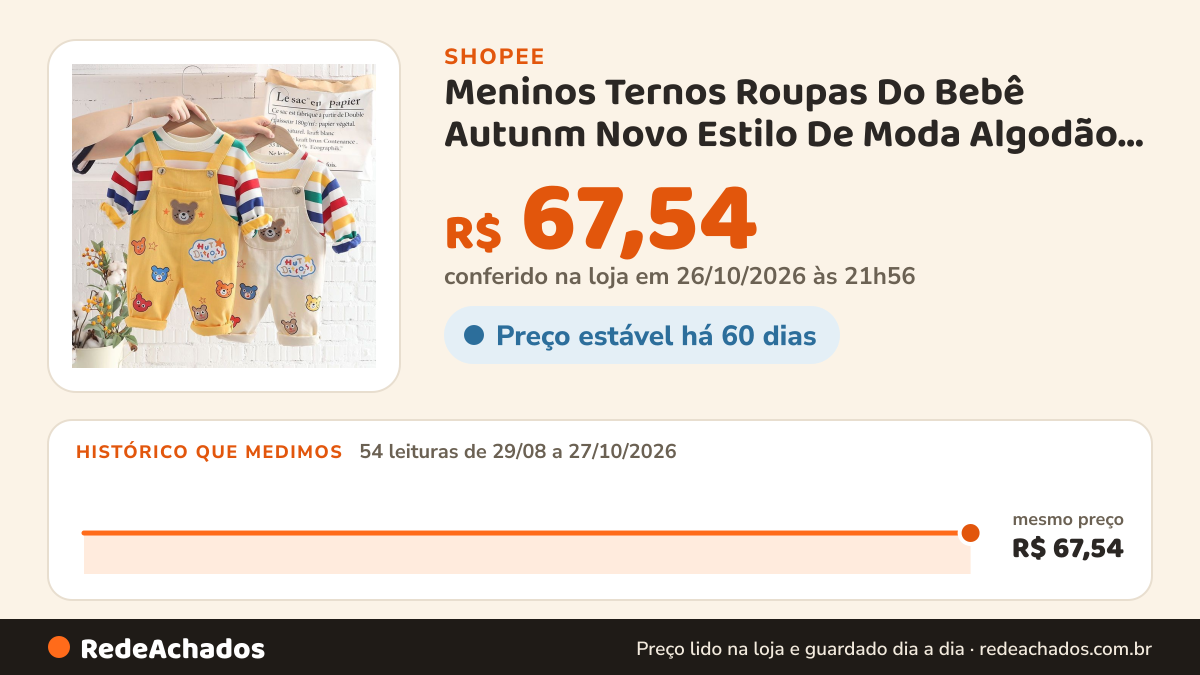 Histórico de preço de Meninos Ternos Roupas Do Bebê Autunm Novo Estilo De Moda Algodão Cardian Arco-Íris Urso… na Shopee: 54 leituras de 29/08/2026 a 27/10/2026, mesmo preço, R$ 67,54, em todas; R$ 67,54 conferido em 26/10/2026 às 21h56