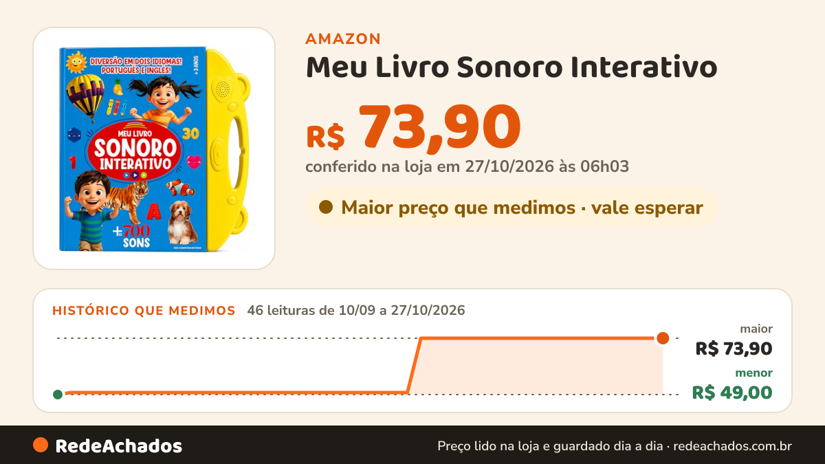 Histórico de preço de Meu Livro Sonoro Interativo - Português e Inglês - Amarelo na Amazon: 46 leituras de 10/09/2026 a 27/10/2026, menor R$ 49,00, maior R$ 73,90; R$ 73,90 conferido em 27/10/2026 às 06h03