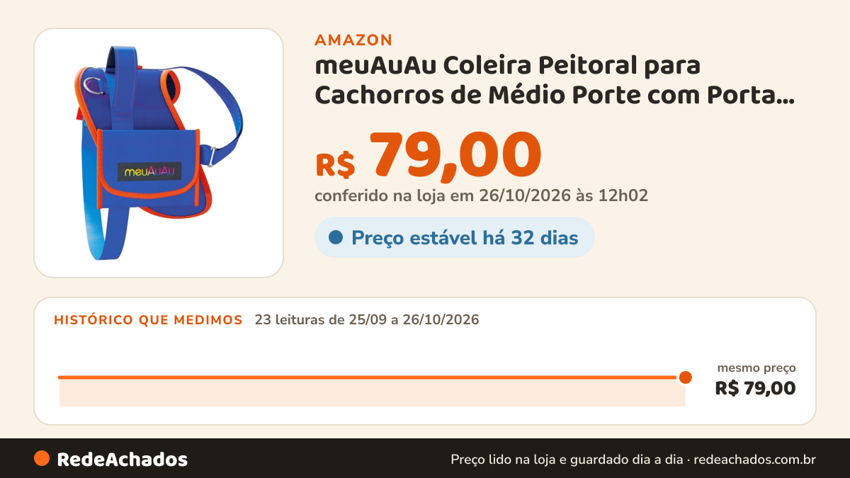Histórico de preço de meuAuAu Coleira Peitoral para Cachorros de Médio Porte com Porta Cata Caca, Alça de… na Amazon: 23 leituras de 25/09/2026 a 26/10/2026, mesmo preço, R$ 79,00, em todas; R$ 79,00 conferido em 26/10/2026 às 12h02