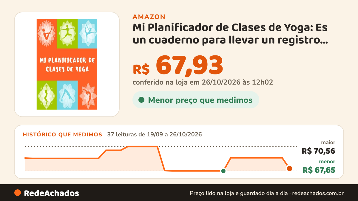 Histórico de preço de Mi Planificador de Clases de Yoga: Es un cuaderno para llevar un registro de las clases de… na Amazon: 37 leituras de 19/09/2026 a 26/10/2026, menor R$ 67,65, maior R$ 70,56; R$ 67,93 conferido em 26/10/2026 às 12h02