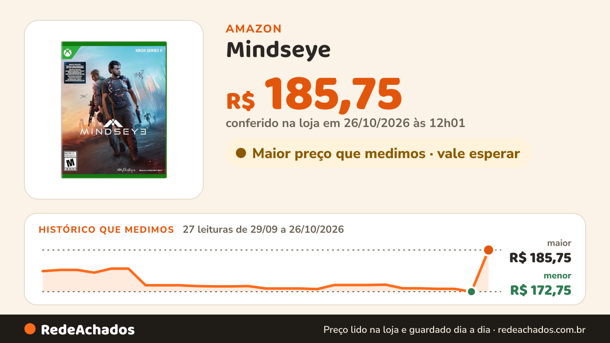 Histórico de preço de Mindseye - Xbox Series X na Amazon: 27 leituras de 29/09/2026 a 26/10/2026, menor R$ 172,75, maior R$ 185,75; R$ 185,75 conferido em 26/10/2026 às 12h01