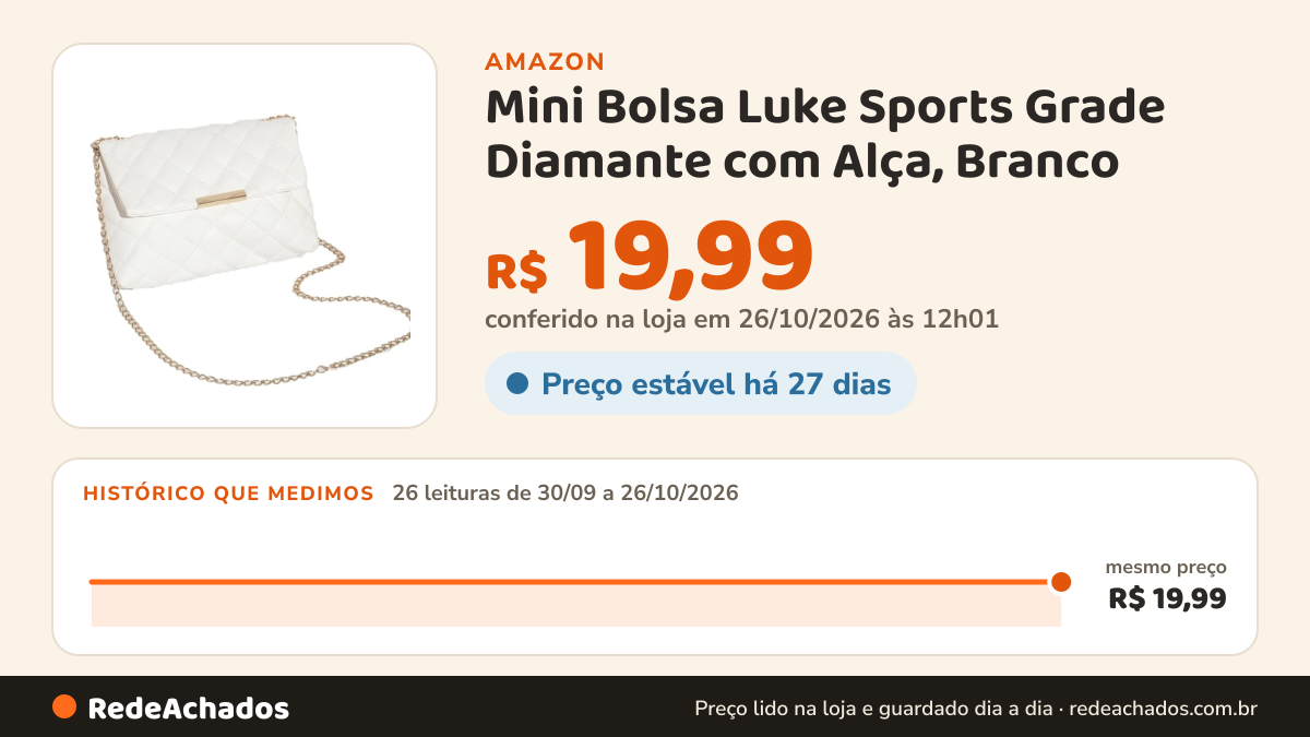 Histórico de preço de Mini Bolsa Luke Sports Grade Diamante com Alça, Branco na Amazon: 26 leituras de 30/09/2026 a 26/10/2026, mesmo preço, R$ 19,99, em todas; R$ 19,99 conferido em 26/10/2026 às 12h01