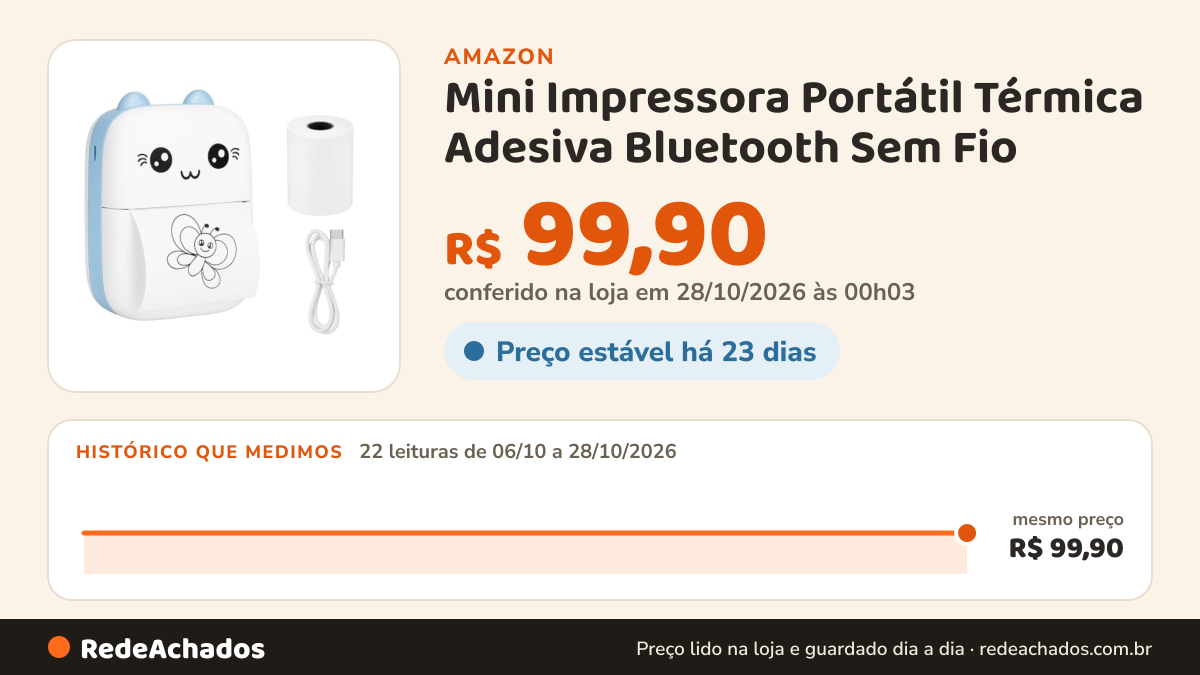 Histórico de preço de Mini Impressora Portátil Térmica Adesiva Bluetooth Sem Fio | Impressão de Fotos… na Amazon: 21 leituras de 06/10/2026 a 27/10/2026, mesmo preço, R$ 99,90, em todas; R$ 99,90 conferido em 26/10/2026 às 21h57