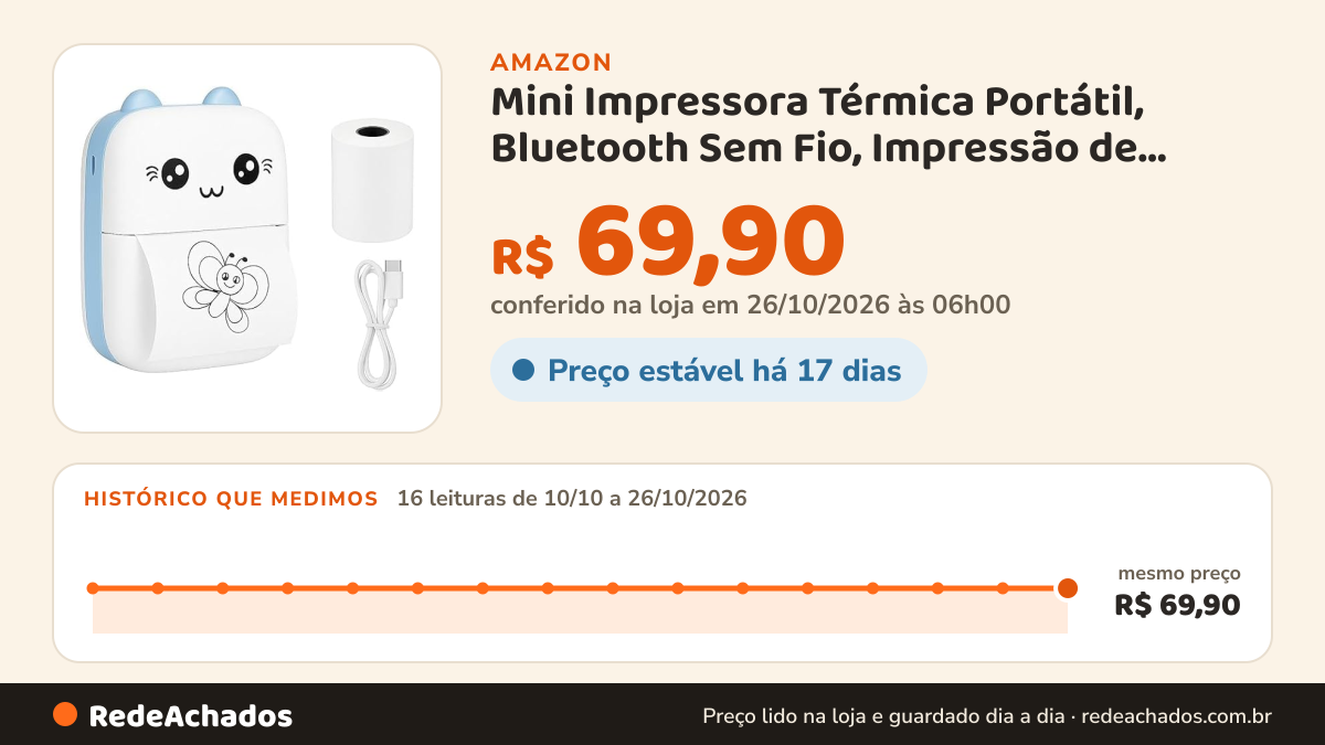 Histórico de preço de Mini Impressora Térmica Portátil, Bluetooth Sem Fio, Impressão de Fotos, Etiquetas… na Amazon: 16 leituras de 10/10/2026 a 26/10/2026, mesmo preço, R$ 69,90, em todas; R$ 69,90 conferido em 26/10/2026 às 06h00