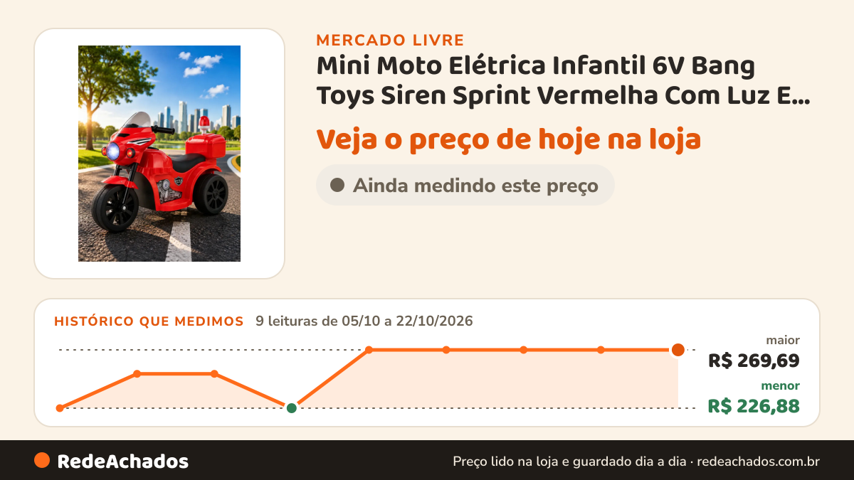 Histórico de preço de Mini Moto Elétrica Infantil 6V Bang Toys Siren Sprint Vermelha Com Luz E Sirene no Mercado Livre: 9 leituras de 05/10/2026 a 22/10/2026, menor R$ 226,88, maior R$ 269,69