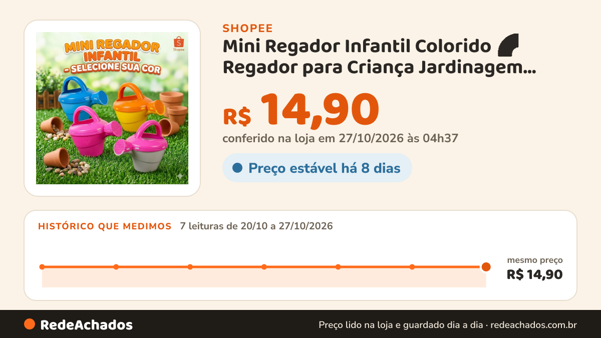 Histórico de preço de Mini Regador Infantil Colorido 🌈 Regador para Criança Jardinagem Brinquedo Educativo… na Shopee: 7 leituras de 20/10/2026 a 27/10/2026, mesmo preço, R$ 14,90, em todas; R$ 14,90 conferido em 27/10/2026 às 04h37