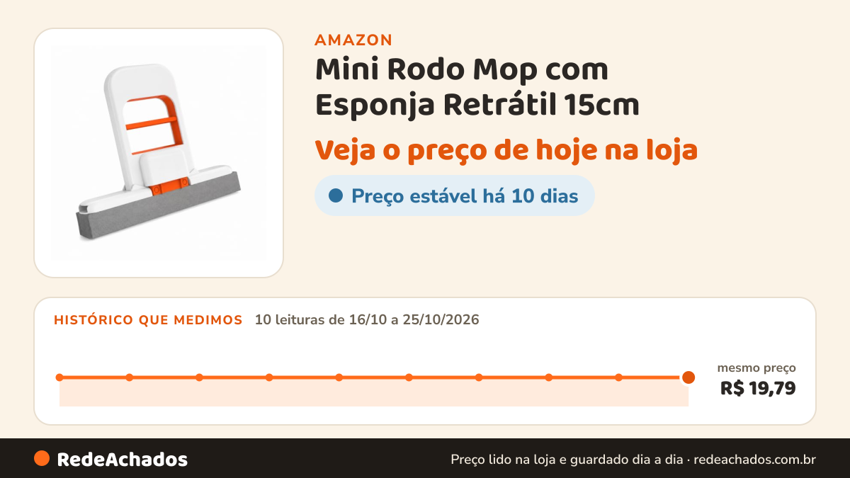 Histórico de preço de Mini Rodo Mop com Esponja Retrátil 15cm – Compacto com Cabo Plástico 13cm, Limpeza Rápida… na Amazon: 10 leituras de 16/10/2026 a 25/10/2026, mesmo preço, R$ 19,79, em todas