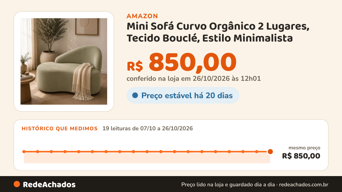 Histórico de preço de Mini Sofá Curvo Orgânico 2 Lugares, Tecido Bouclé, Estilo Minimalista (Verde Pistachi) na Amazon: 18 leituras de 07/10/2026 a 25/10/2026, mesmo preço, R$ 850,00, em todas; R$ 850,00 conferido em 25/10/2026 às 05h58