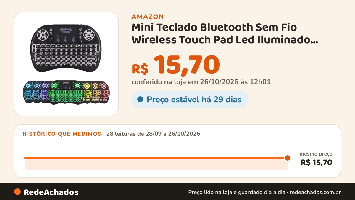Histórico de preço de Mini Teclado Bluetooth Sem Fio Wireless Touch Pad Led Iluminado Rgb Pc Notebook Celular… na Amazon: 28 leituras de 28/09/2026 a 26/10/2026, mesmo preço, R$ 15,70, em todas; R$ 15,70 conferido em 26/10/2026 às 12h01