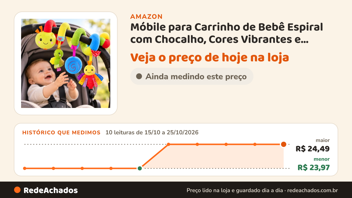 Histórico de preço de Móbile para Carrinho de Bebê Espiral com Chocalho, Cores Vibrantes e Texturas, Móbile… na Amazon: 10 leituras de 15/10/2026 a 25/10/2026, menor R$ 23,97, maior R$ 24,49