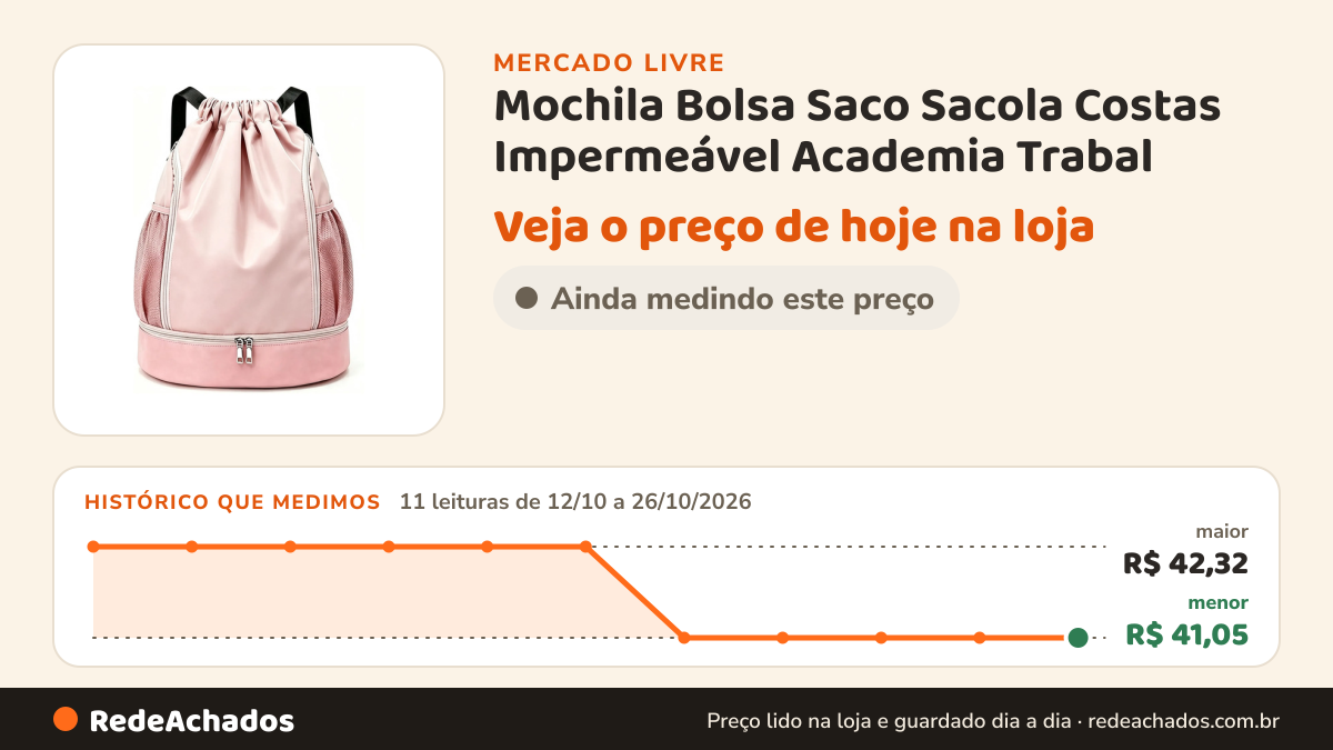 Histórico de preço de Mochila Bolsa Saco Sacola Costas Impermeável Academia Trabal no Mercado Livre: 11 leituras de 12/10/2026 a 26/10/2026, menor R$ 41,05, maior R$ 42,32