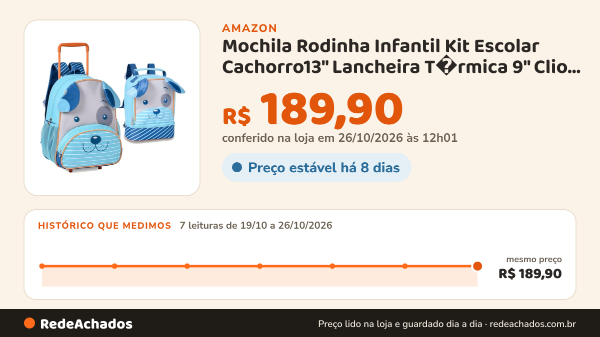 Histórico de preço de Mochila Rodinha Infantil Kit Escolar Cachorro13" Lancheira T�rmica 9" Clio Pets Crian�a… na Amazon: 7 leituras de 19/10/2026 a 26/10/2026, mesmo preço, R$ 189,90, em todas; R$ 189,90 conferido em 26/10/2026 às 12h01